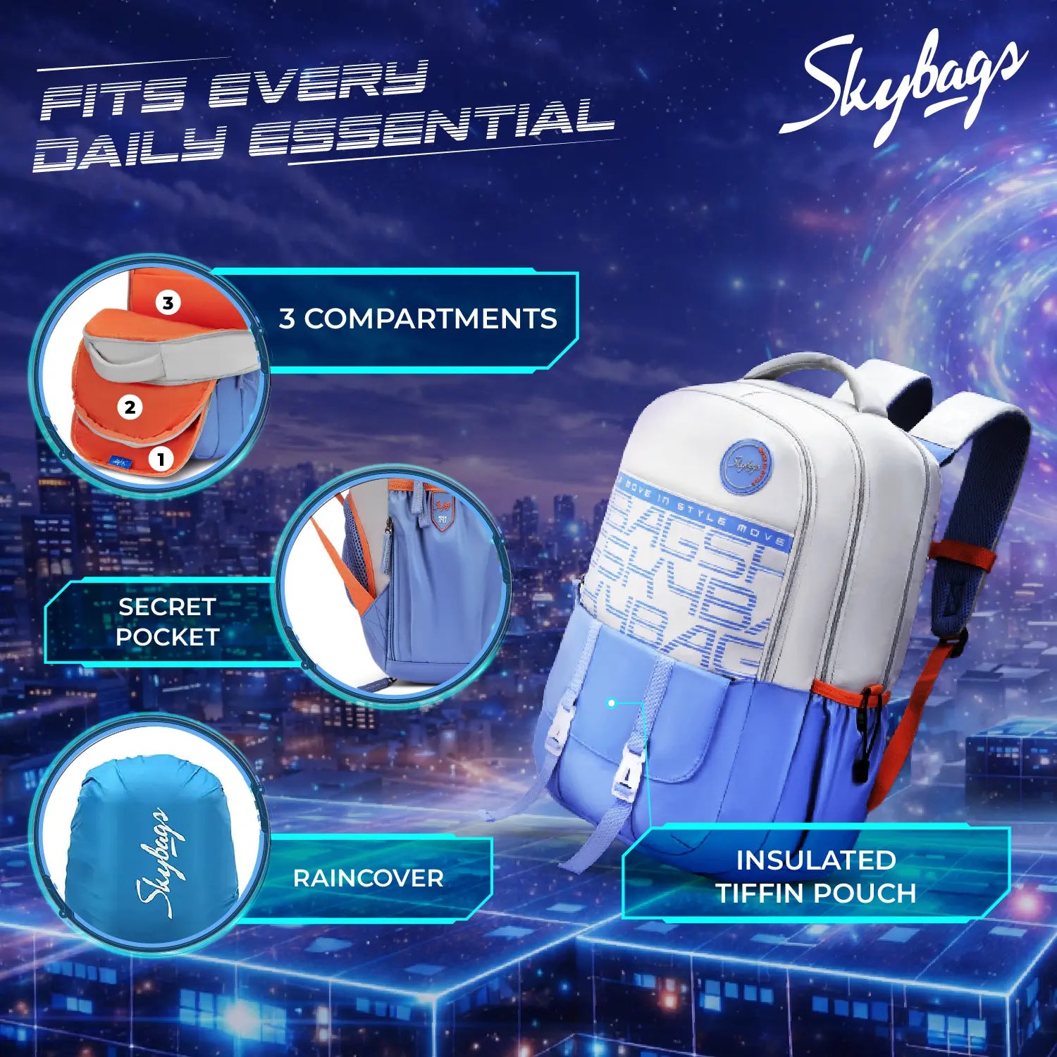 Skybags Aero Pro School Backpack 38L – Hot Box Blue Grey