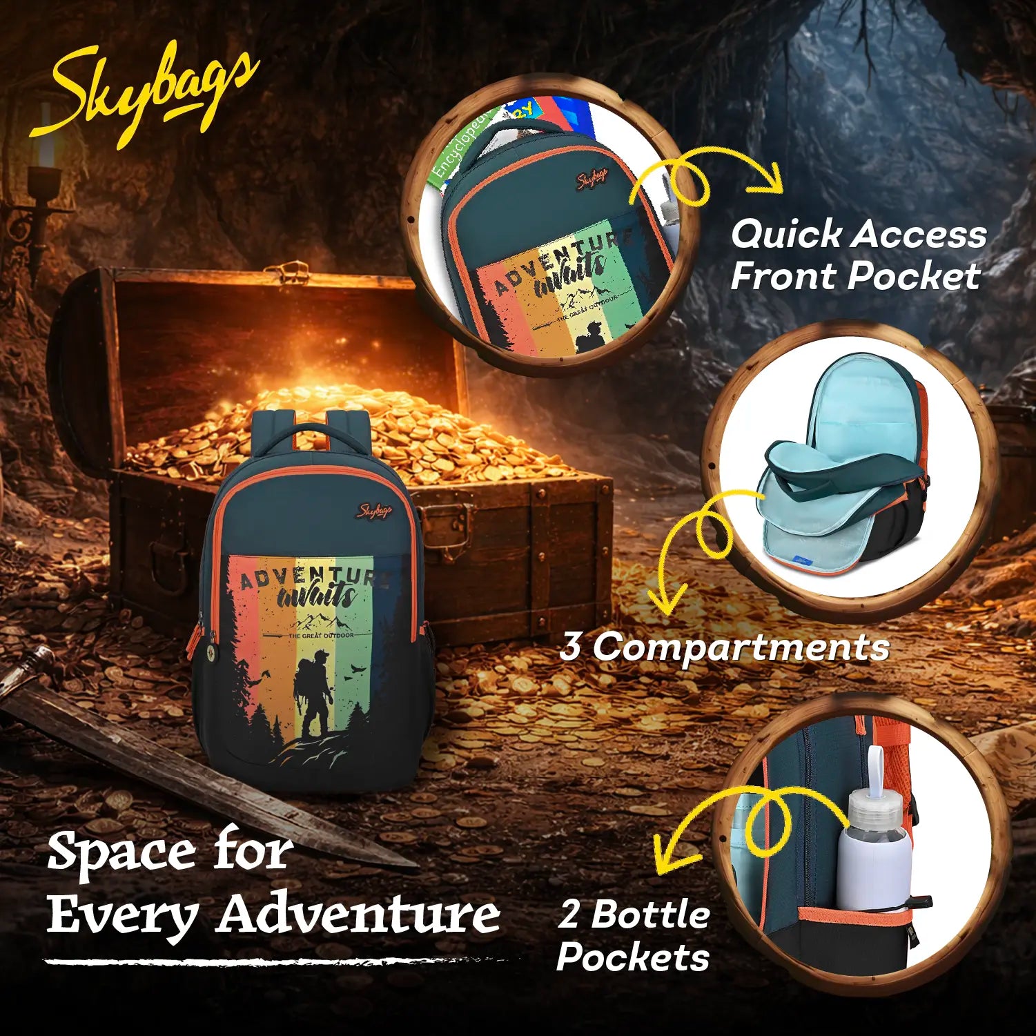 Skybags Klan V3 Adventure School Backpack 37L – Dark Green