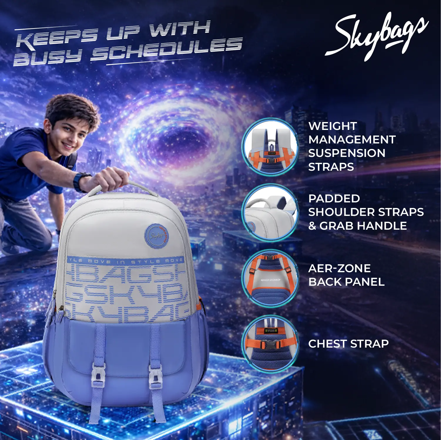 Skybags Aero Pro School Backpack 38L – Hot Box Blue Grey