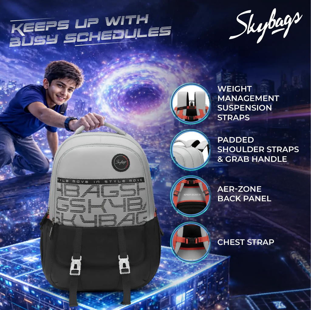 Skybags Aero Pro School Backpack 38L – Hot Box Black Grey