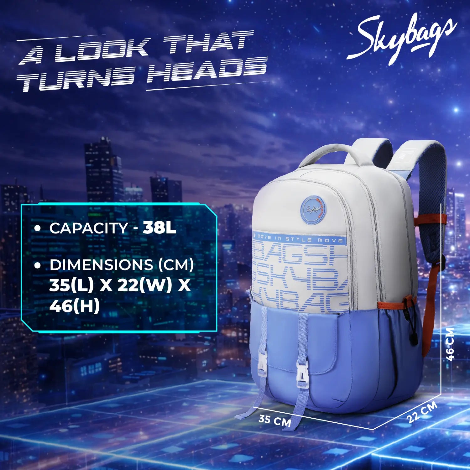 Skybags Aero Pro School Backpack 38L – Hot Box Blue Grey
