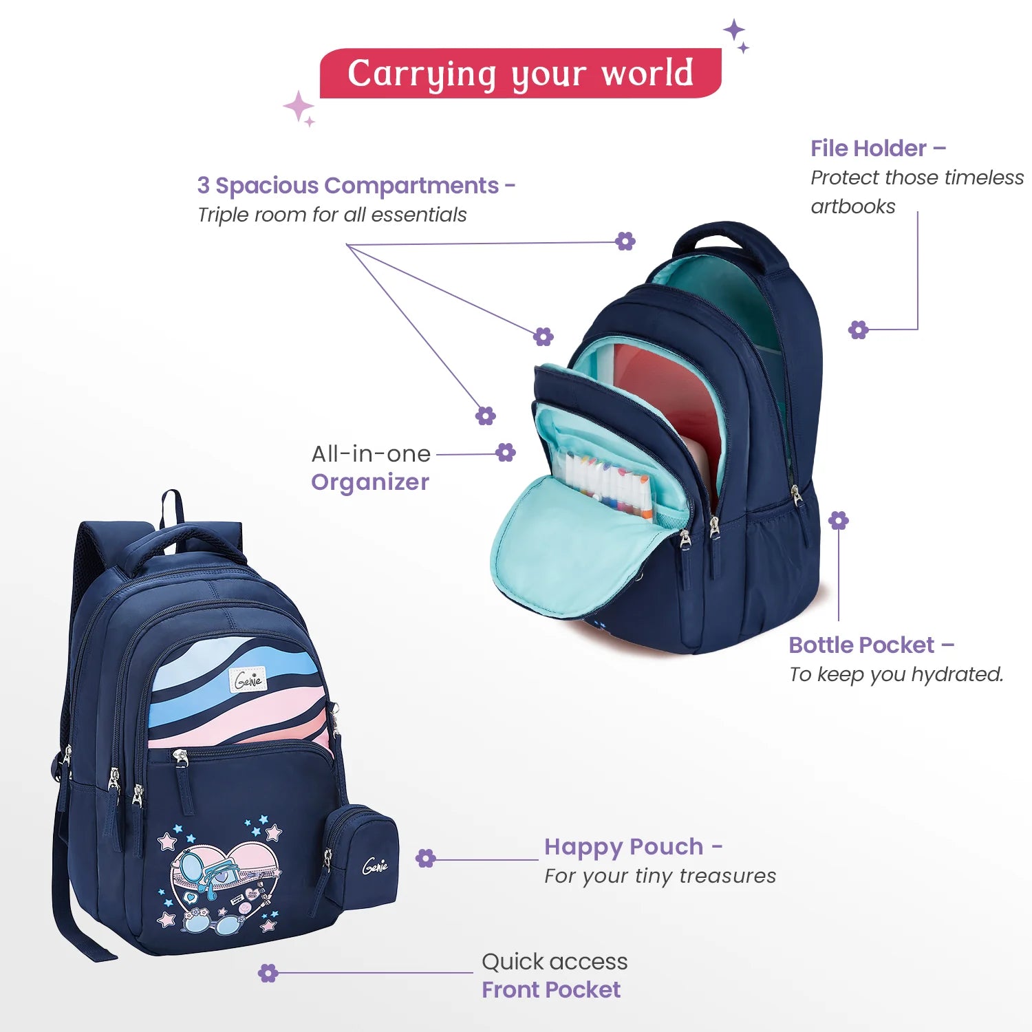Genie Starlight School Backpack 27L – Navy Blue